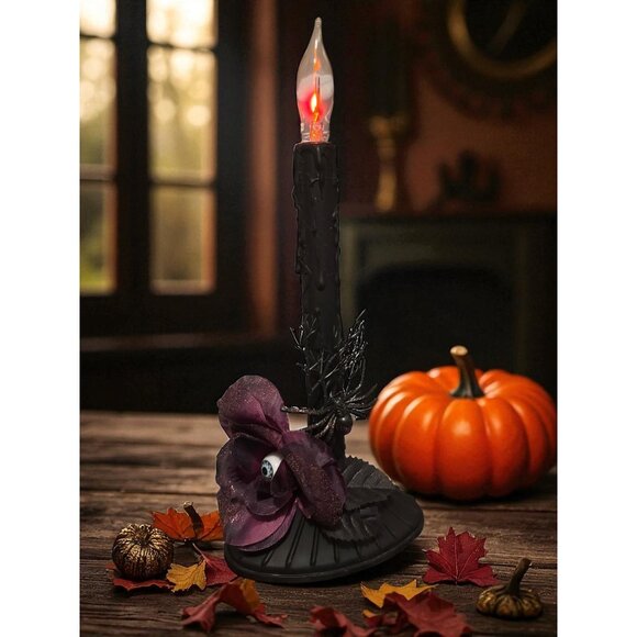 Vtg Upcycled Halloween Candle Window Light Electric flicker bulb Spider and Rose - Picture 1 of 4